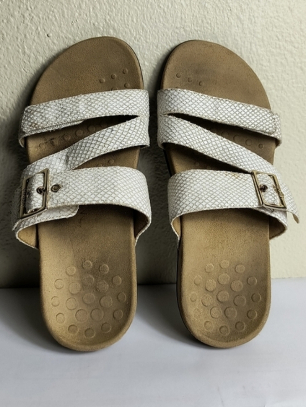 Vionic Podiatrist 9W White Tan Slide Sandals Arch Support